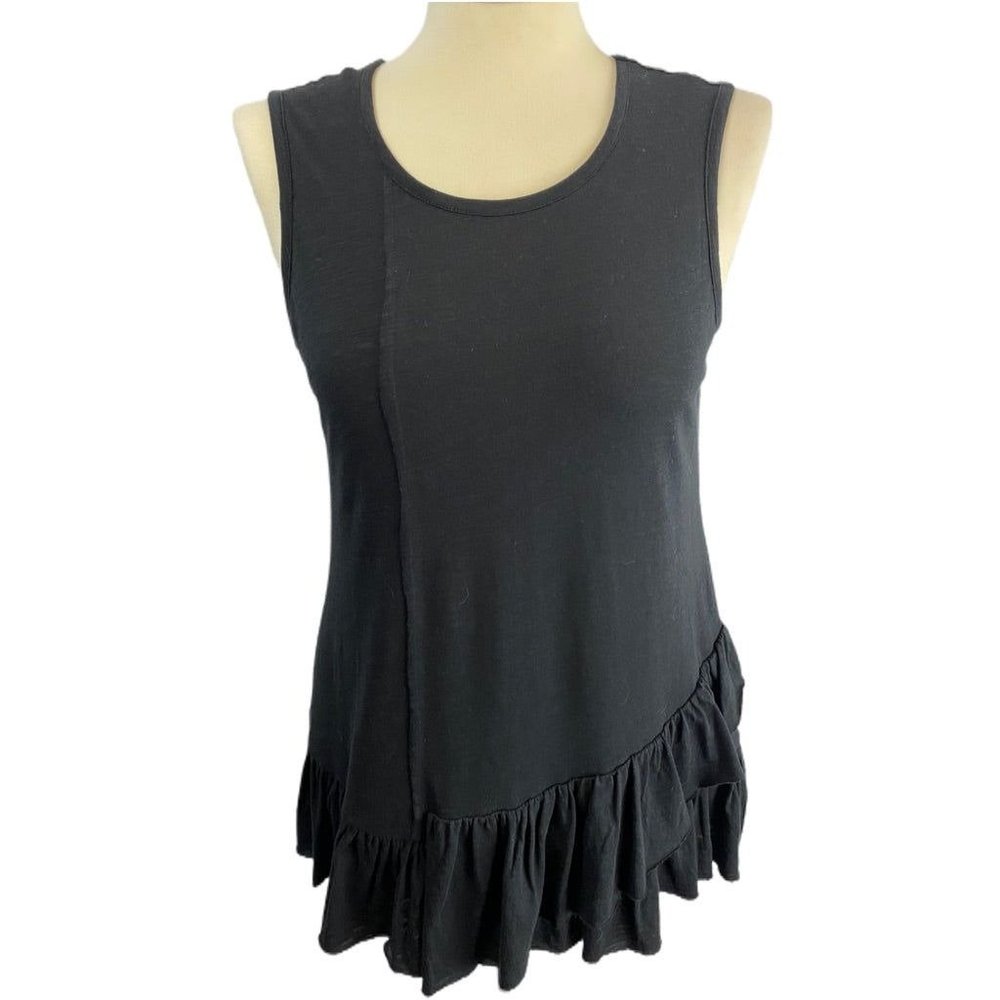 XS DG2 Diane Gilman Black Ruffle Hem Sleeveless Tshirt Tank Tunic Length